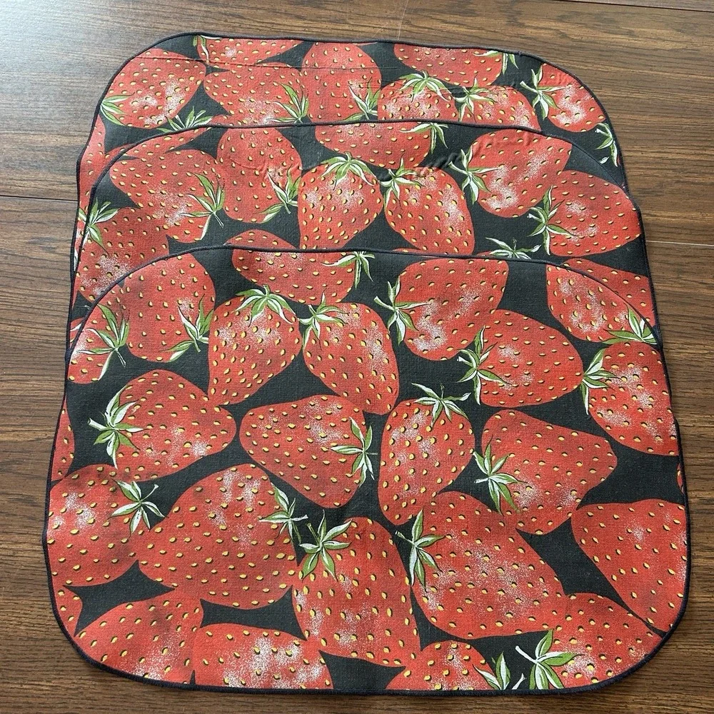 Set Of 3 Vintage Style Strawberry Print Placemats Black Red Kitchen